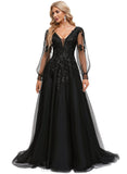 Bailee Ball-Gown/Princess V-Neck Sweep Train Lace Tulle Prom Dresses With Sequins STIP0020894