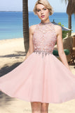 Janae A-line High Neck Knee-Length Chiffon Lace Homecoming Dress With Beading Sequins STIP0020596