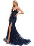 Natalie Trumpet/Mermaid V-Neck Sweep Train Lace Prom Dresses With Sequins STIP0020940