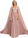 Hazel A-line V-Neck Floor-Length Chiffon Lace Evening Dress STIP0020976