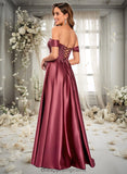 Zariah A-line Off the Shoulder Floor-Length Satin Lace Prom Dresses With Sequins STIP0025841