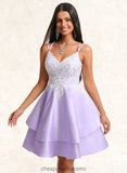 Ayanna A-line V-Neck Short Satin Homecoming Dress With Appliques Lace STIP0025696