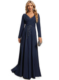 Rosemary A-line V-Neck Floor-Length Stretch Crepe Evening Dress With Pleated Appliques Lace Sequins STIP0020932