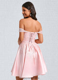 Daisy A-line Off the Shoulder Short Satin Homecoming Dress With Rhinestone Beading Appliques Lace STIP0025679