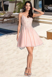 Avery A-line V-Neck Short/Mini Tulle Homecoming Dress With Beading STIP0020538