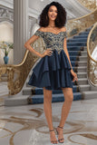 Sadie A-line Off the Shoulder Short/Mini Satin Homecoming Dress STIP0020562