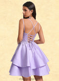 April A-line V-Neck Short Satin Homecoming Dress With Appliques Lace STIP0025692