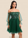 Abigail A-line Off the Shoulder Short Tulle Homecoming Dress With Sequins Appliques Lace STIP0025663