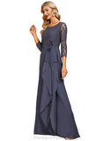 Kennedy A-line Scoop Floor-Length Chiffon Lace Evening Dress With Flower Cascading Ruffles STIP0020988