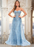 Sanaa Sheath/Column Sweetheart Sweep Train Sequin Tulle Prom Dresses With Sequins STIP0025860