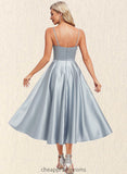 Cindy A-line V-Neck Tea-Length Satin Homecoming Dress STIP0025694