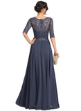 Brooklynn A-line Scoop Illusion Floor-Length Chiffon Lace Evening Dress With Pleated Sequins STIP0020942