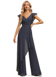 Jaycee Jumpsuit/Pantsuit V-Neck Floor-Length Chiffon Evening Dress With Bow Pleated STIP0020826