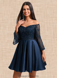 Isabela A-line Off the Shoulder Short Satin Homecoming Dress With Sequins STIP0025651