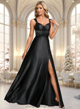 Jamiya A-line V-Neck Floor-Length Stretch Satin Prom Dresses With Bow STIP0025882