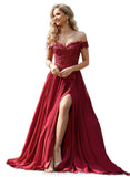 Bella A-line Off the Shoulder Sweep Train Chiffon Lace Evening Dress With Sequins STIP0020830