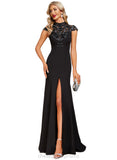 Shyann Sheath/Column High Neck Illusion Floor-Length Lace Stretch Crepe Evening Dress With Sequins STIP0020962