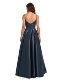 Claire A-line V-Neck Floor-Length Lace Satin Prom Dresses With Sequins STIP0020847