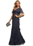 Sloane Sheath/Column V-Neck Sweep Train Chiffon Lace Evening Dress With Cascading Ruffles STIP0020993