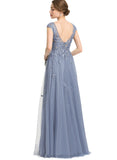 Kierra A-line V-Neck Floor-Length Lace Tulle Evening Dress With Sequins STIP0020996