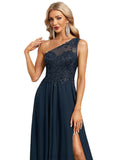 Aubrey A-line One Shoulder Illusion Sweep Train Chiffon Lace Evening Dress With Sequins STIP0020780