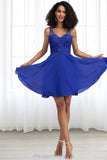 Brylee A-line V-Neck Short/Mini Chiffon Lace Homecoming Dress With Beading STIP0020563