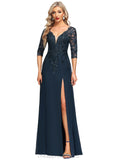 Emilie Sheath/Column V-Neck Floor-Length Chiffon Lace Evening Dress With Sequins STIP0020915