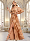 Mackenzie A-line V-Neck Floor-Length Stretch Satin Bridesmaid Dress STIP0025793