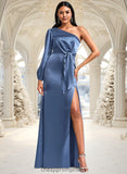 Amiya A-line One Shoulder Floor-Length Stretch Satin Bridesmaid Dress With Bow STIP0025730