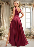 Jess A-line V-Neck Floor-Length Stretch Satin Bridesmaid Dress STIP0025771