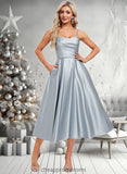 Nan A-line V-Neck Tea-Length Satin Bridesmaid Dress STIP0025794