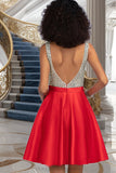 India A-line V-Neck Short/Mini Satin Homecoming Dress With Beading Sequins STIP0020569