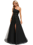 Barbara A-line One Shoulder Floor-Length Lace Tulle Prom Dresses With Sequins STIP0020842