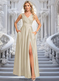 Iyana A-line V-Neck Floor-Length Satin Prom Dresses STIP0025877