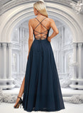 Jaelyn A-line V-Neck Floor-Length Chiffon Prom Dresses With Pleated STIP0025830