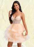 Annalise Ball-Gown/Princess V-Neck Short Tulle Homecoming Dress With Beading Sequins STIP0025646