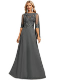 Tessa A-line Scoop Floor-Length Chiffon Lace Evening Dress With Pleated Sequins STIP0020841