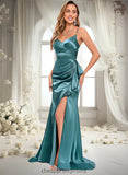 Mya Trumpet/Mermaid V-Neck Sweep Train Stretch Satin Prom Dresses STIP0025855