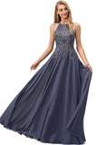 Kennedy A-line Scoop Floor-Length Chiffon Lace Evening Dress With Sequins STIP0020895