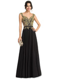 Shiloh A-line V-Neck Floor-Length Chiffon Lace Evening Dress STIP0020959