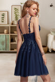 Litzy A-line V-Neck Short/Mini Tulle Homecoming Dress With Sequins STIP0020548