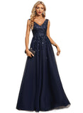 Thalia A-line V-Neck Floor-Length Lace Tulle Evening Dress With Sequins STIP0020910