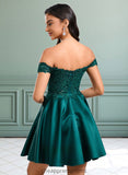 Seraphina A-line Off the Shoulder Short Lace Satin Homecoming Dress With Rhinestone STIP0025718