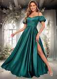 Roselyn A-line Off the Shoulder Sweetheart Floor-Length Satin Prom Dresses STIP0025852