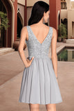 Mikayla A-line V-Neck Short/Mini Chiffon Lace Homecoming Dress With Sequins STIP0020557