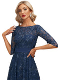 Hope A-line Boat Neck Illusion Tea-Length Chiffon Lace Cocktail Dress With Sequins STIP0020846