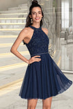 Itzel A-line Scoop Short/Mini Lace Tulle Homecoming Dress With Beading STIP0020560