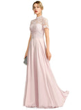 Elsie A-line High Neck Floor-Length Chiffon Lace Evening Dress STIP0020977