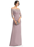 Ashleigh Sheath/Column Off the Shoulder Floor-Length Chiffon Lace Evening Dress With Pleated STIP0020860