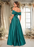 Lucile A-line Off the Shoulder Floor-Length Satin Prom Dresses With Pleated STIP0025851